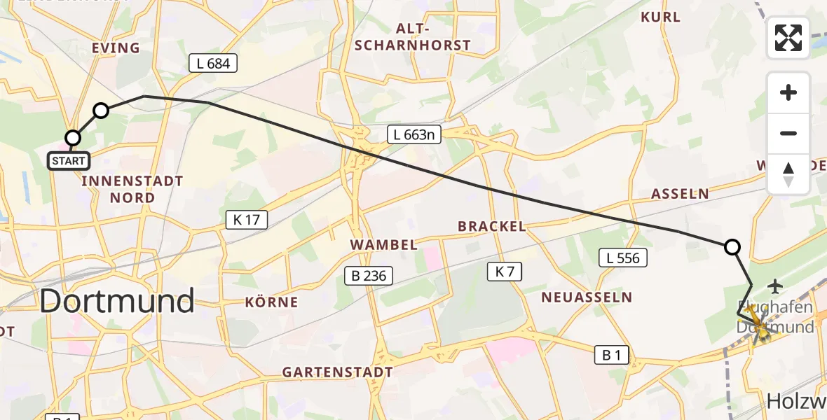 Flugroute Rettungshubschrauber Dortmund Hospital North - Dortmund Flughafen, 05 September 2026, 16:10