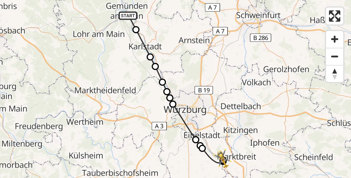 Flugroute Rettungshubschrauber Gemünden a.Main - Ochsenfurt Hospital, 05 September 2026, 16:13