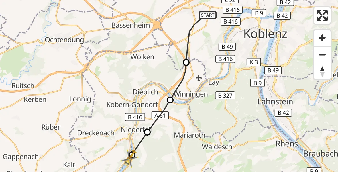 Flugroute Rettungshubschrauber Koblenz - Lehmen, 05 September 2026, 16:35