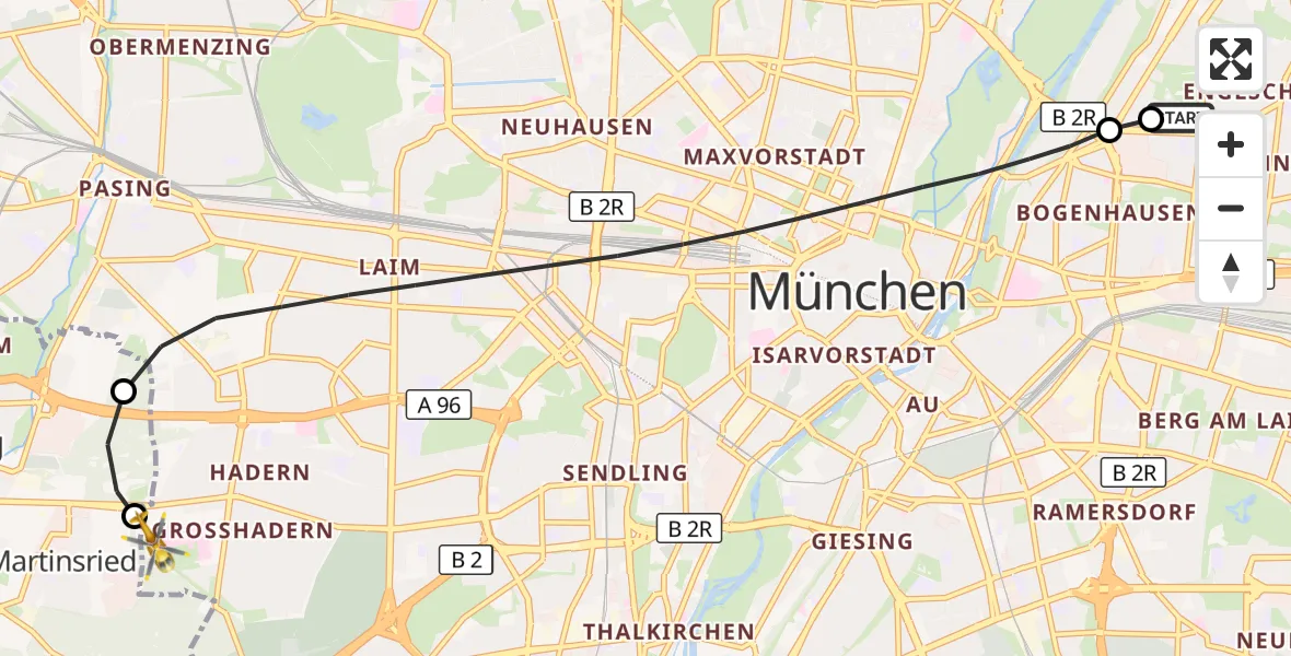 Flugroute Rettungshubschrauber München Bogenhausen Hospital - DRF Air Rescue München Hubschrauberlandeplatz, 05 September 2026, 16:36