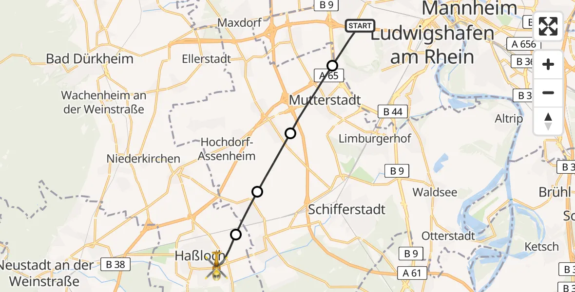 Flugroute Rettungshubschrauber Ludwigshafen am Rhein - Haßloch, 05 September 2026, 16:44