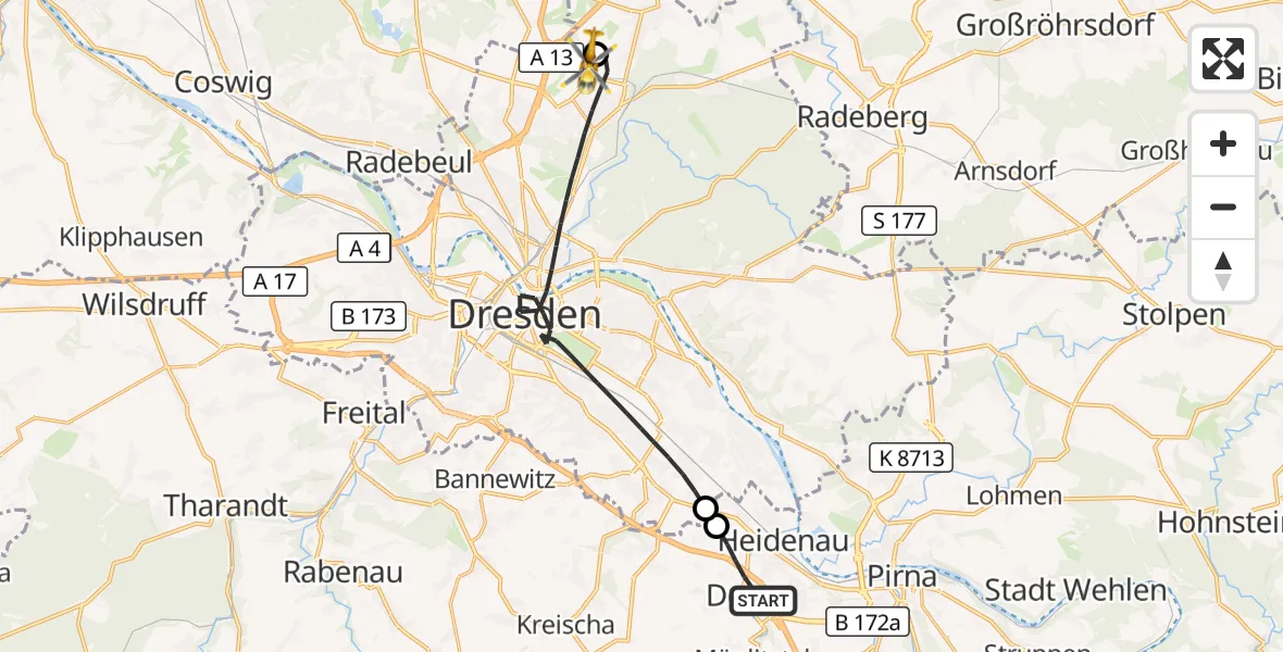 Flugroute Rettungshubschrauber Dohna - Dresden Bundespolizei Hubschrauberlandeplatz, 05 September 2026, 16:45