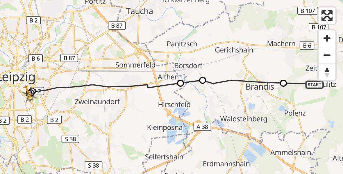 Flugroute Rettungshubschrauber Bennewitz - Leipzig University Hospital Heliport 1, 05 September 2026, 16:56