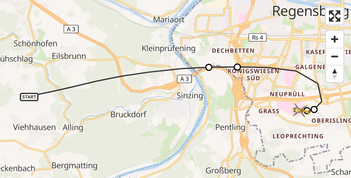 Flugroute Rettungshubschrauber Sinzing - DRF Air Rescue Station Regensburg / Regensburg University Hospital, 05 September 2026, 16:58
