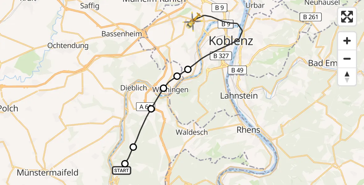 Flugroute Rettungshubschrauber Alken - Koblenz, 05 September 2026, 17:11
