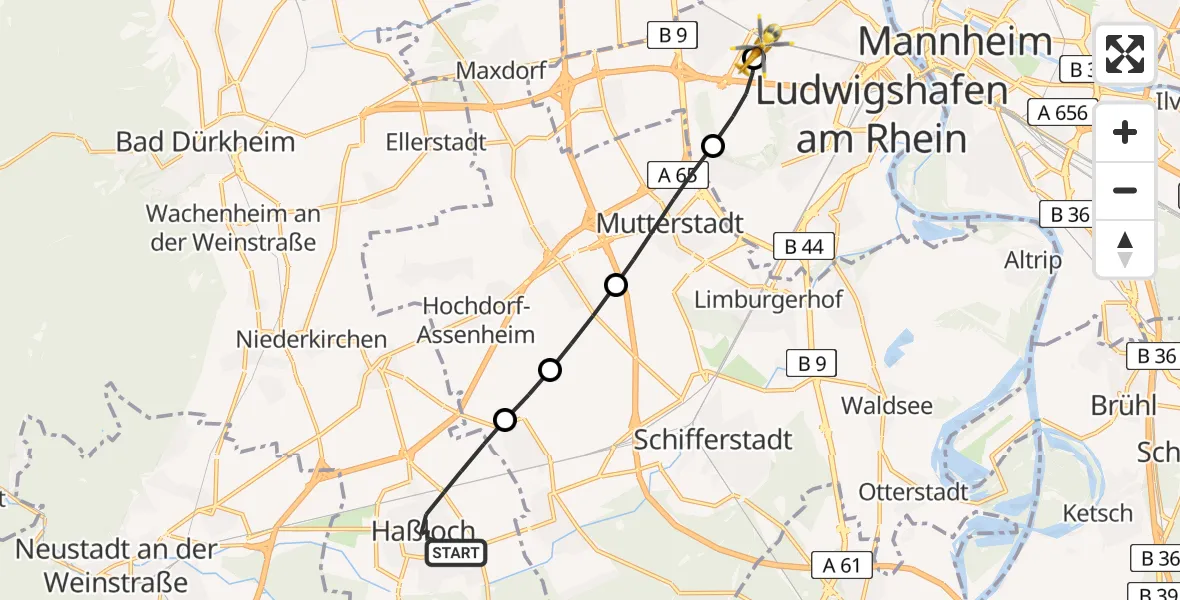 Flugroute Rettungshubschrauber Haßloch - Ludwigshafen Accident Hospital, 05 September 2026, 17:19