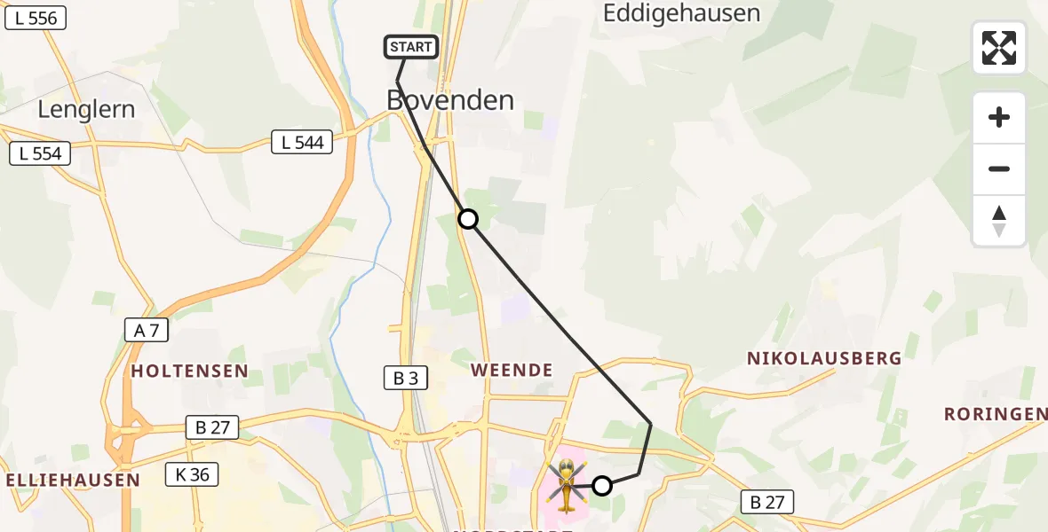 Flugroute Rettungshubschrauber Bovenden - Göttingen University Clinic Hubschrauberlandeplatz, 05 September 2026, 17:22
