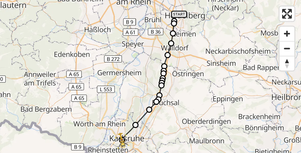 Flugroute Ambulanzhubschrauber Heidelberg - Sankt Vincentius Hospital, 05 September 2026, 17:29