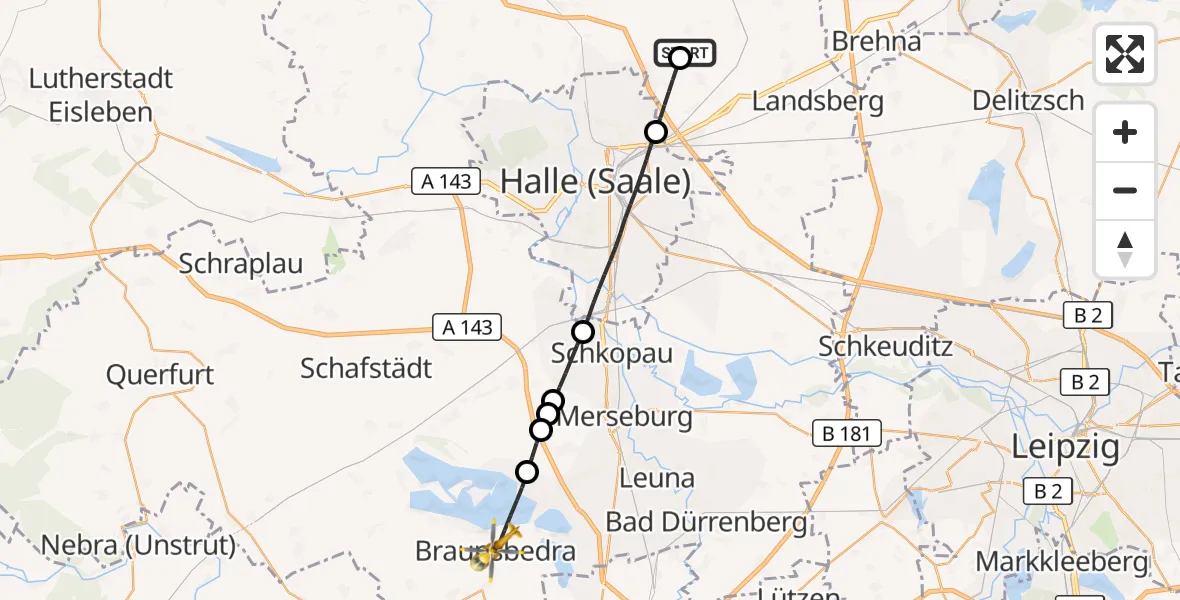 Flugroute Rettungshubschrauber Halle-Oppin Flugplatz - Braunsbedra, 05 September 2026, 17:29