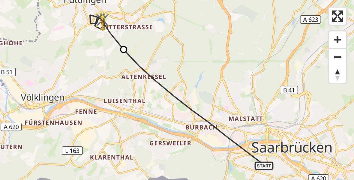 Flugroute Rettungshubschrauber Saarbrücken - Püttlingen, 05 September 2026, 17:33