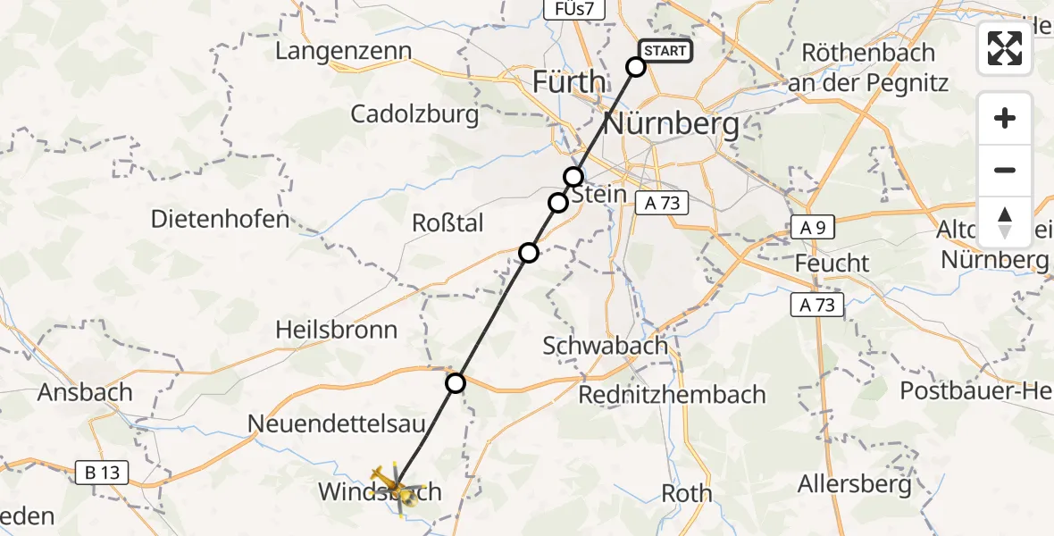 Flugroute Ambulanzhubschrauber Flughafen Nuremberg - Windsbach, 05 September 2026, 17:41