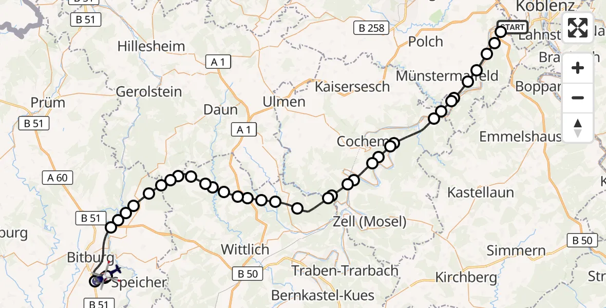 Flugroute Polizeihubschrauber Winningen - Bitburg Flughafen, 05 September 2026, 17:44