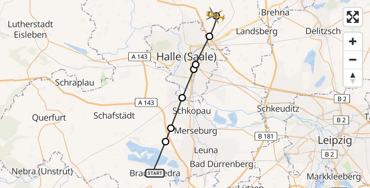 Flugroute Rettungshubschrauber Braunsbedra - Halle-Oppin Flugplatz, 05 September 2026, 17:49