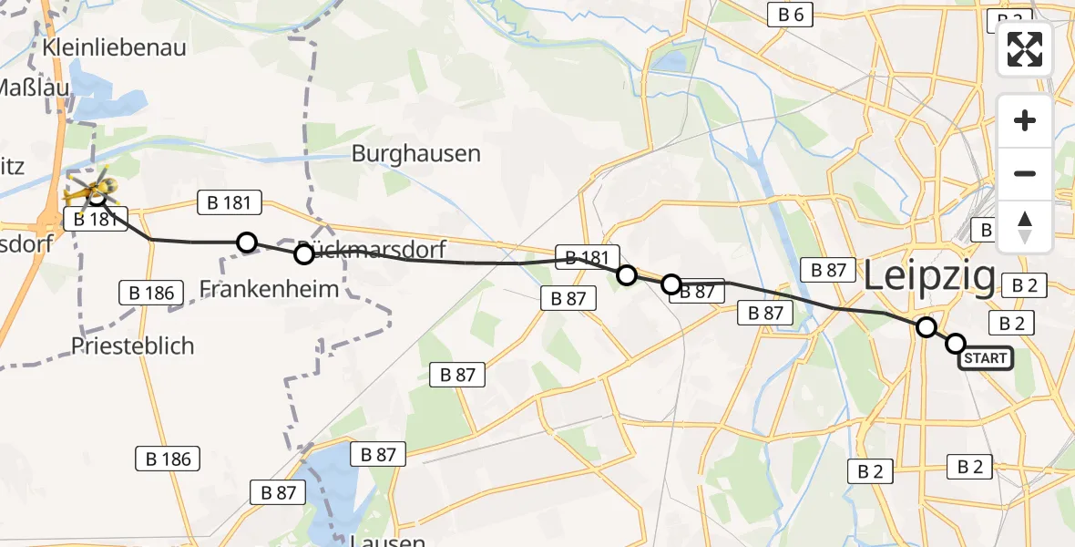 Flugroute Rettungshubschrauber Leipzig University Hospital Heliport 1 - ADAC Air Rescue Station Leipzig/Schkeuditz-Dölzig Hubschrauberlandeplatz (Christoph 61), 05 September 2026, 17:54