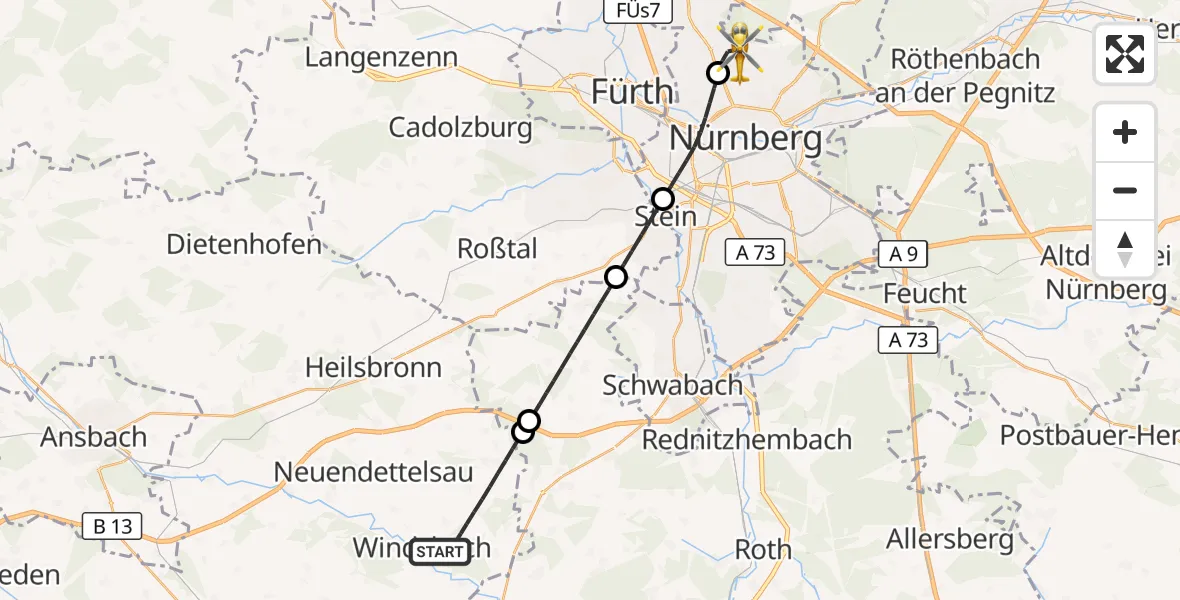 Flugroute Ambulanzhubschrauber Windsbach - Flughafen Nuremberg, 05 September 2026, 18:27