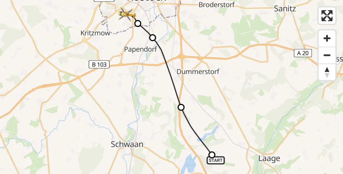 Flugroute Rettungshubschrauber Flughafen Rostock-Laage - Rostock, 05 September 2026, 18:34