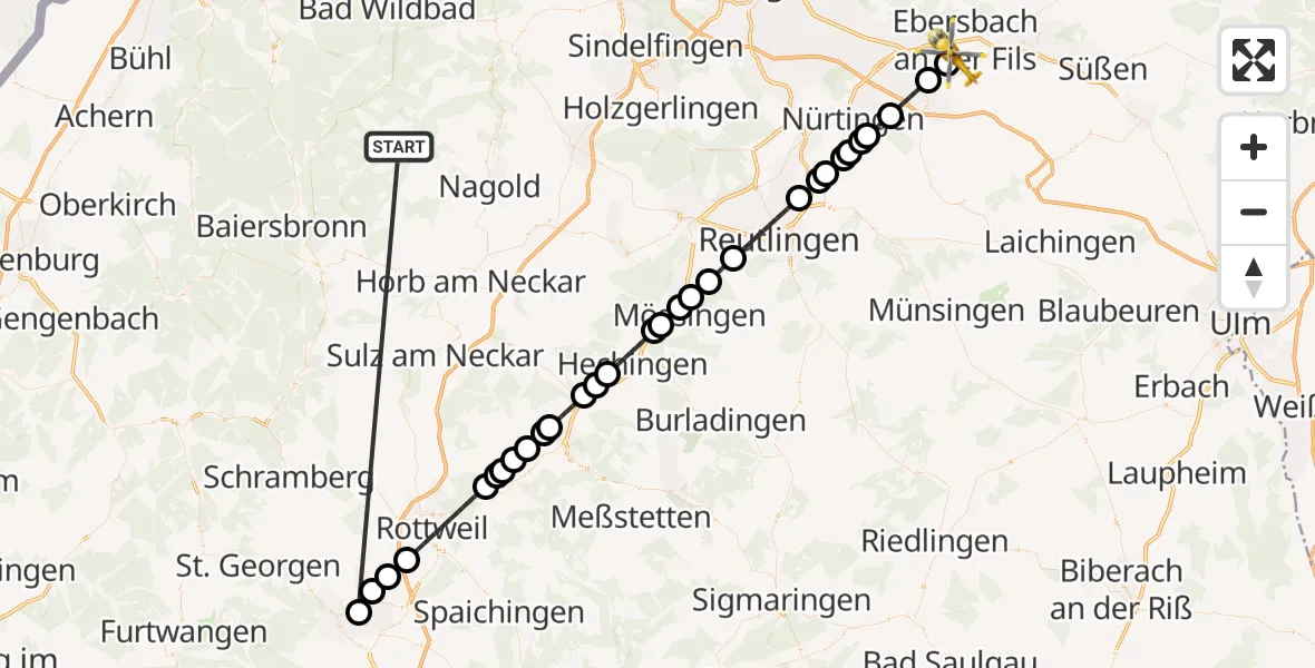 Flugroute Ambulanzhubschrauber Altensteig - Ebersbach an der Fils, 05 September 2026, 18:36