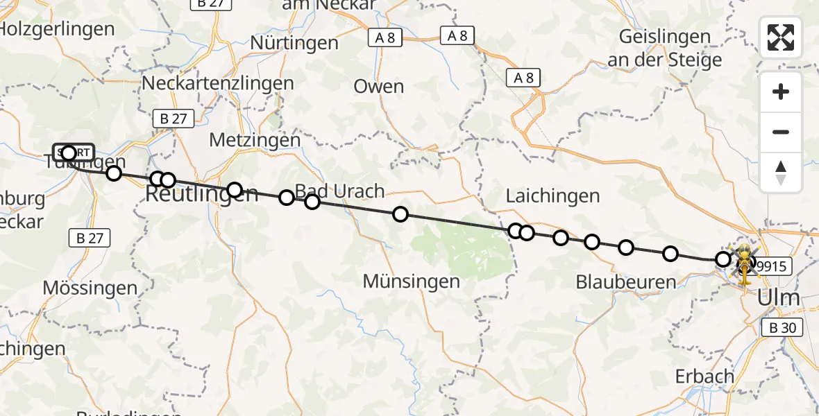 Flugroute Rettungshubschrauber Tübingen University Hospital - ADAC Air Rescue Station Ulm (Christoph 22), 05 September 2026, 18:43