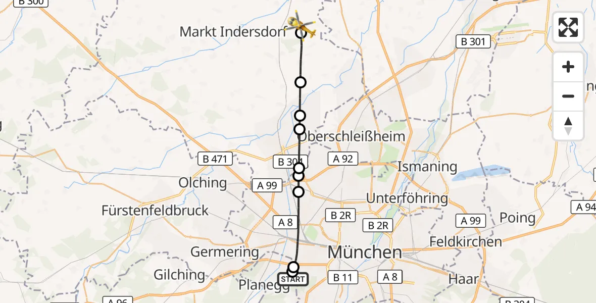 Flugroute Rettungshubschrauber DRF Air Rescue München Hubschrauberlandeplatz - Vierkirchen, 05 September 2026, 18:54