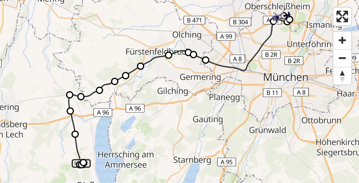 Flugroute Polizeihubschrauber Utting am Ammersee - Oberschleissheim Hubschrauberlandeplatz, 05 September 2026, 19:23