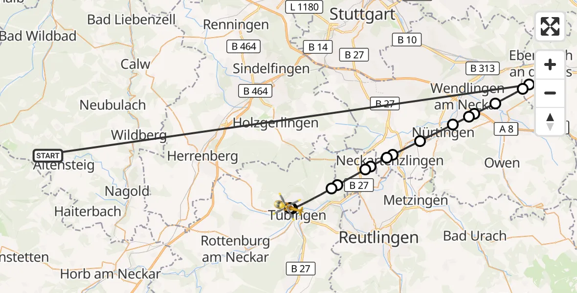 Flugroute Ambulanzhubschrauber Altensteig - Tübingen University Hospital, 05 September 2026, 19:24