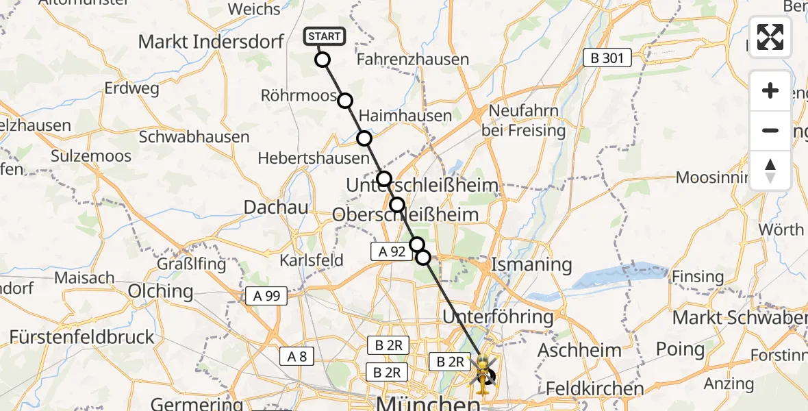 Flugroute Rettungshubschrauber Vierkirchen - München Bogenhausen Hospital, 05 September 2026, 19:24