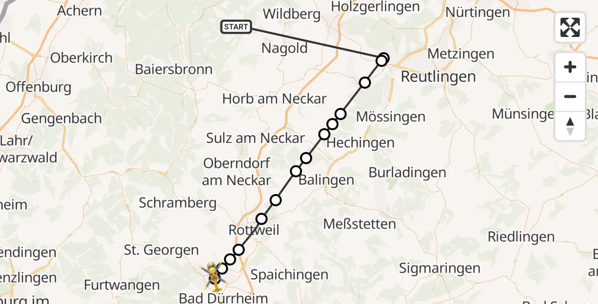 Flugroute Ambulanzhubschrauber Altensteig - DRF Air Rescue Station Villingen-Schwenningen Hubschrauberlandeplatz (Christoph 11), 05 September 2026, 20:06