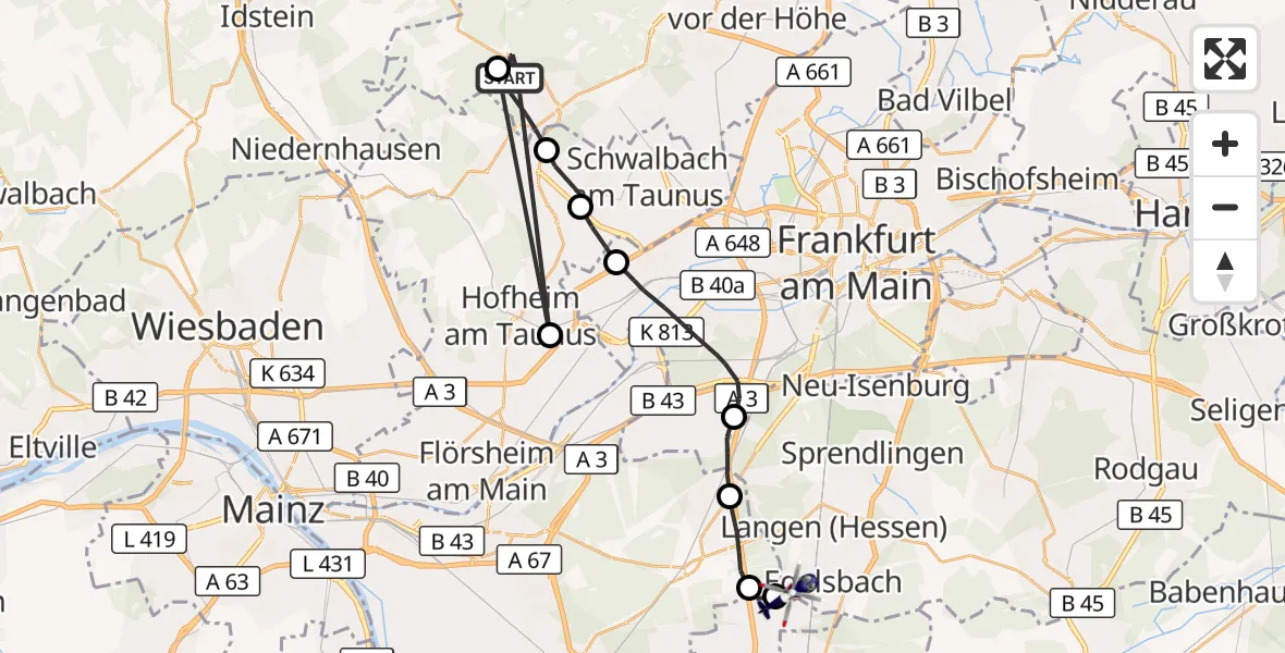 Flugroute Polizeihubschrauber Königstein im Taunus - Flughafen Frankfurt-Egelsbach, 05 September 2026, 20:24