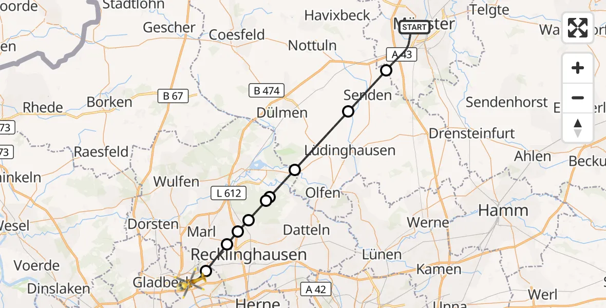 Flugroute Ambulanzhubschrauber Münster - Gelsenkirchen, 05 September 2026, 20:52