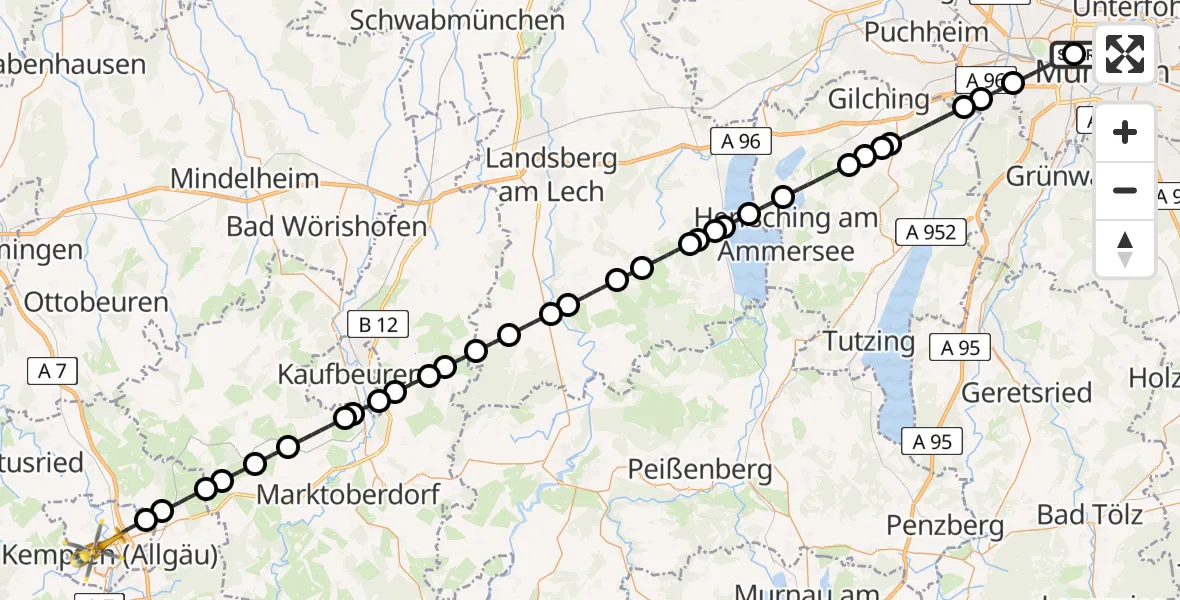 Flugroute Rettungshubschrauber Deutsches Herzzentrum München - Kempten (Allgäu), 05 September 2026, 21:35