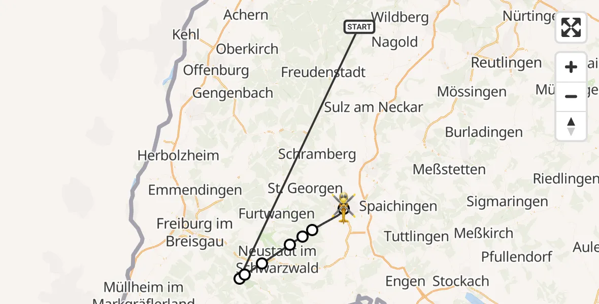 Flugroute Ambulanzhubschrauber Altensteig - DRF Air Rescue Station Villingen-Schwenningen Hubschrauberlandeplatz (Christoph 11), 05 September 2026, 21:56
