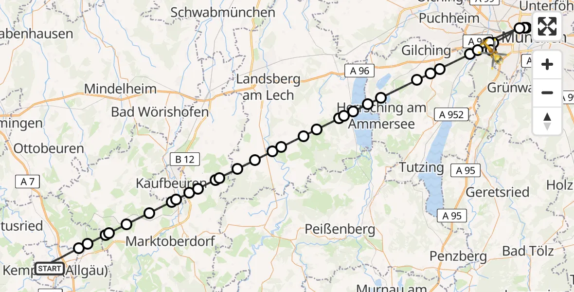 Flugroute Rettungshubschrauber Kempten (Allgäu) - DRF Air Rescue München Hubschrauberlandeplatz, 05 September 2026, 23:29