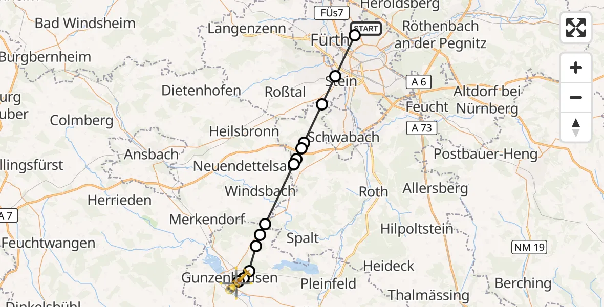 Flugroute Rettungshubschrauber Flughafen Nuremberg - Gunzenhausen, 06 September 2026, 00:07
