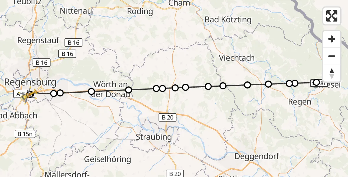 Flugroute Rettungshubschrauber Zwiesel - DRF Air Rescue Station Regensburg / Regensburg University Hospital, 06 September 2026, 00:28
