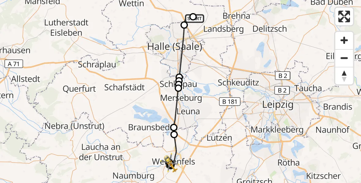 Flugroute Rettungshubschrauber Halle-Oppin Flugplatz - Asklepios Clinic Weißenfels, 06 September 2026, 02:07