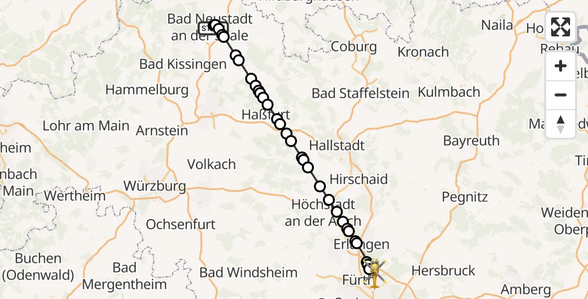 Flugroute Rettungshubschrauber Bad Neustadt an der Saale Hospital - Flughafen Nuremberg, 06 September 2026, 02:27
