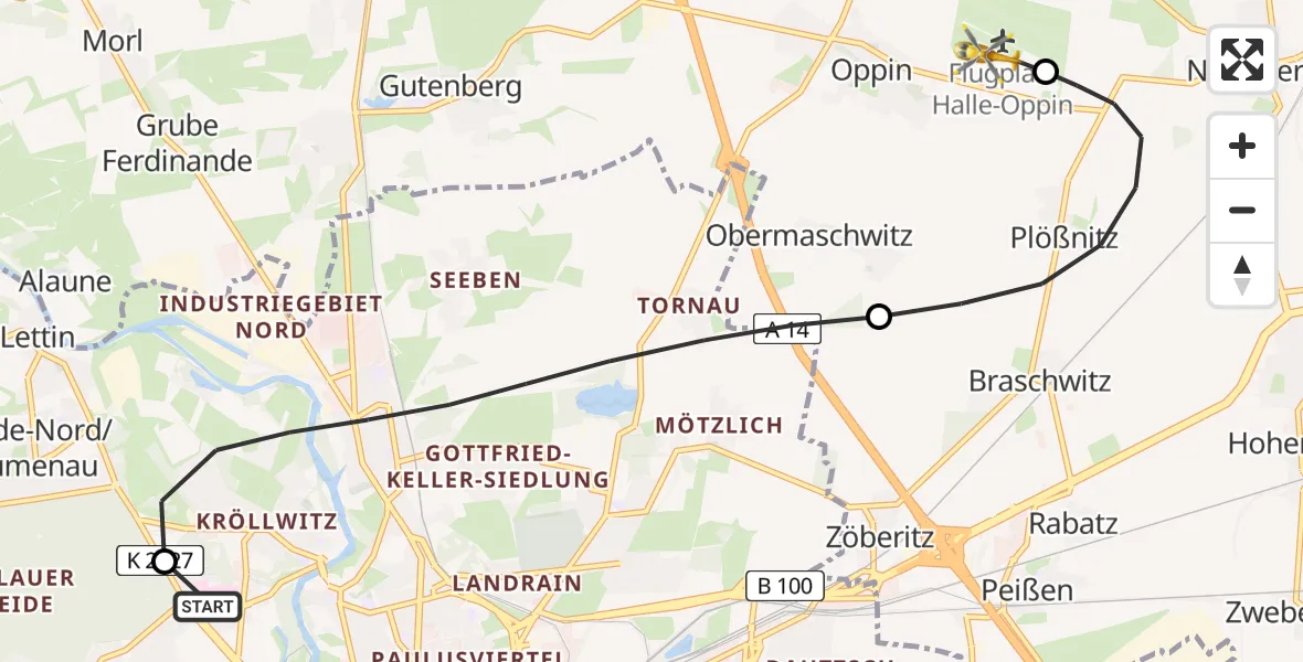 Flugroute Rettungshubschrauber Halle (Saale) University Hospital - Halle-Oppin Flugplatz, 06 September 2026, 03:20
