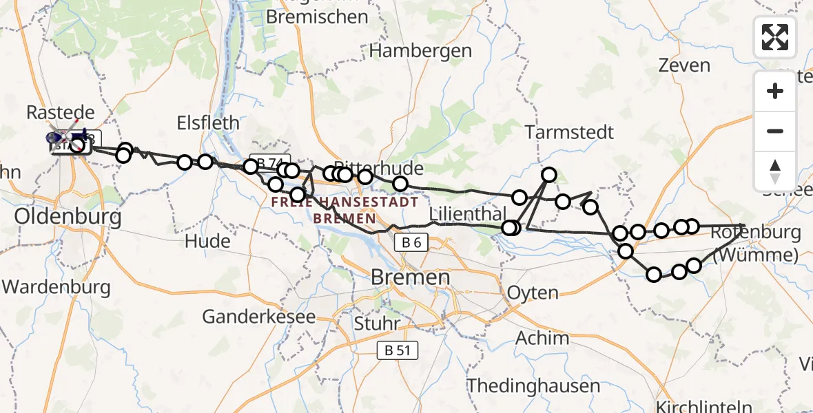 Flugroute Polizeihubschrauber Oldenburg Police Hubschrauberlandeplatz - Rastede, 06 September 2026, 04:30