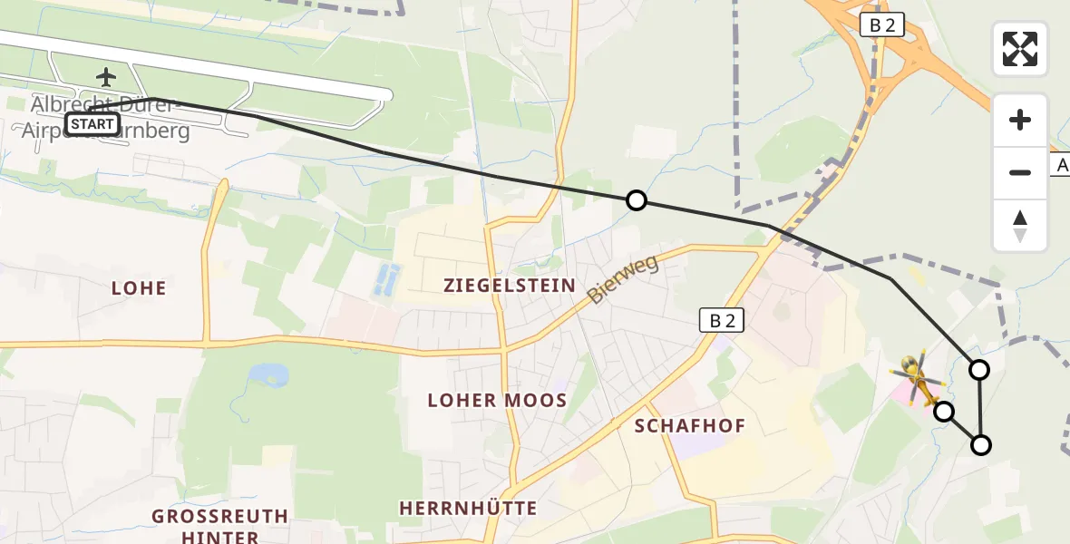 Flugroute Rettungshubschrauber Flughafen Nuremberg - Martha-Maria Nürnberg Hospital, 06 September 2026, 06:53