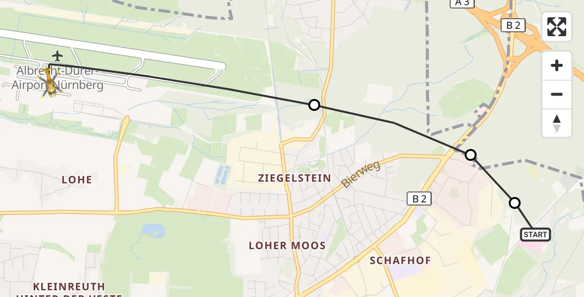 Flugroute Rettungshubschrauber Martha-Maria Nürnberg Hospital - Flughafen Nuremberg, 06 September 2026, 06:59