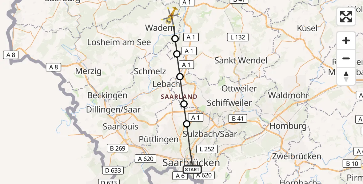 Flugroute Rettungshubschrauber Saarbrücken - Wadern, 06 September 2026, 07:30