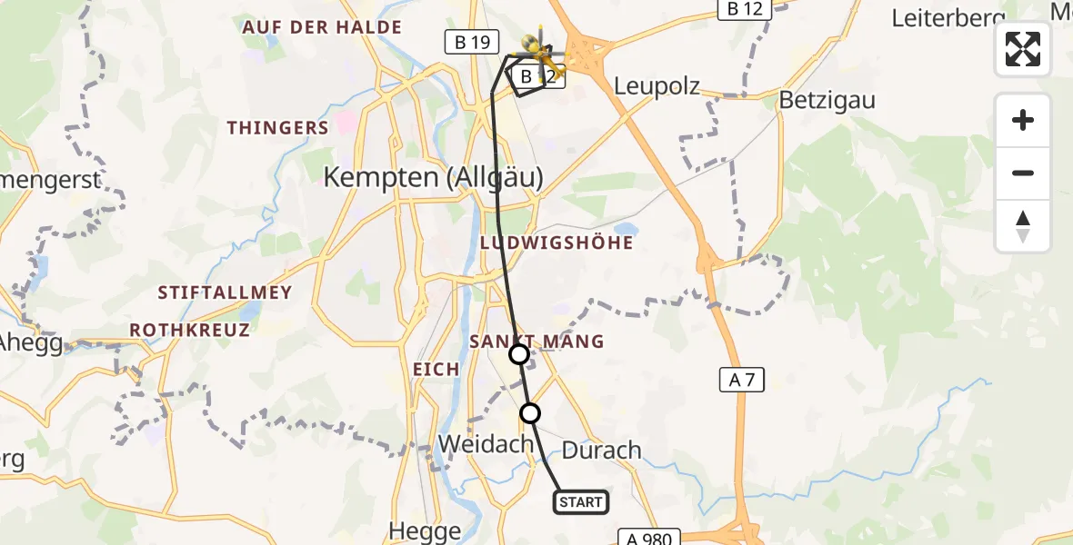 Flugroute Rettungshubschrauber Kempten-Durach Flugplatz - Kempten (Allgäu), 06 September 2026, 07:38
