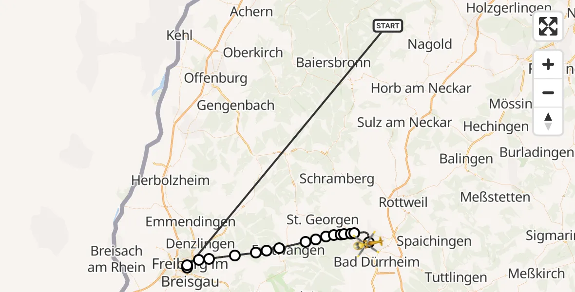 Flugroute Ambulanzhubschrauber Altensteig - DRF Air Rescue Station Villingen-Schwenningen Hubschrauberlandeplatz (Christoph 11), 06 September 2026, 08:04