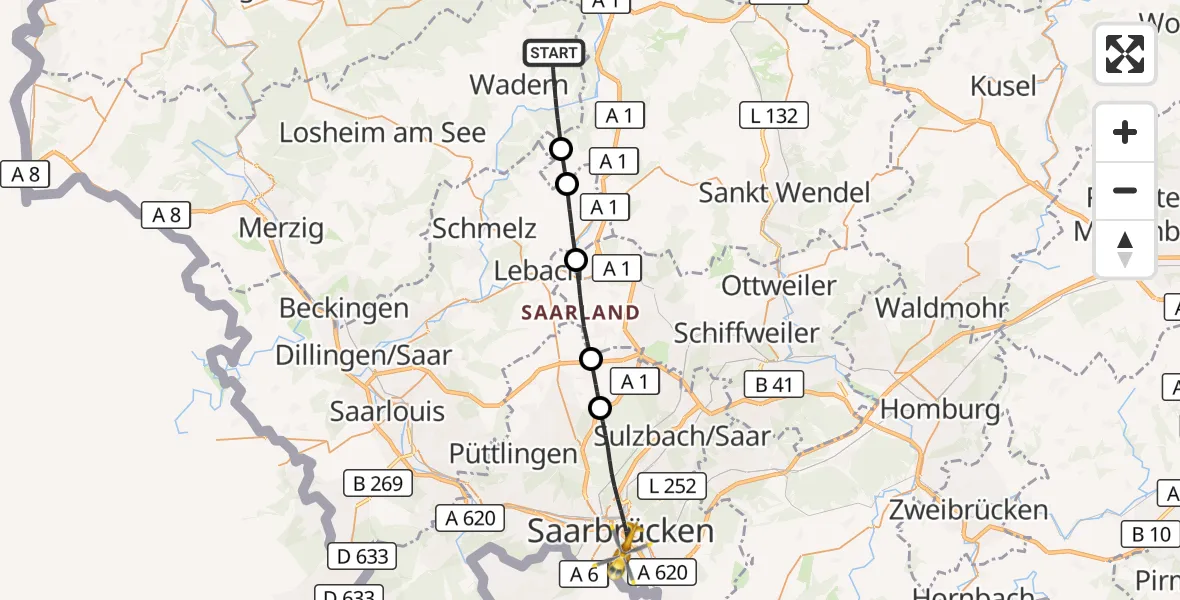 Flugroute Rettungshubschrauber Wadern - Saarbrücken, 06 September 2026, 08:19