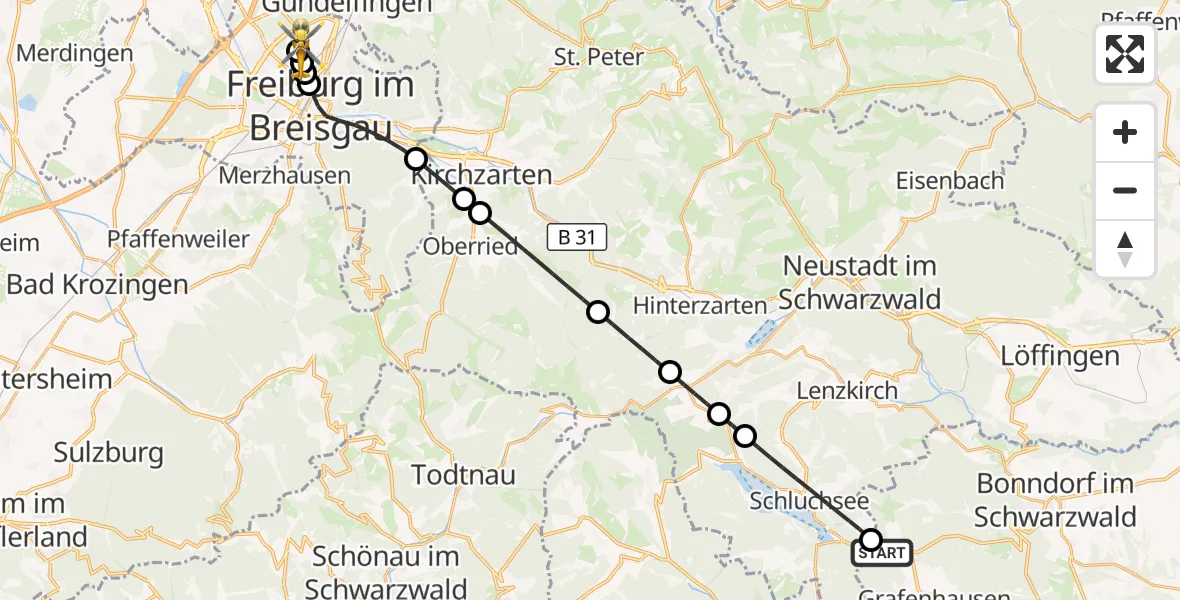 Flugroute Ambulanzhubschrauber Grafenhausen - Freiburg im Breisgau Flugplatz, 06 September 2026, 08:28