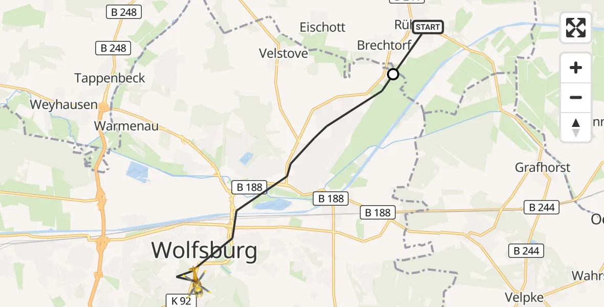 Flugroute Rettungshubschrauber Rühen - Wolfsburg, 06 September 2026, 08:33