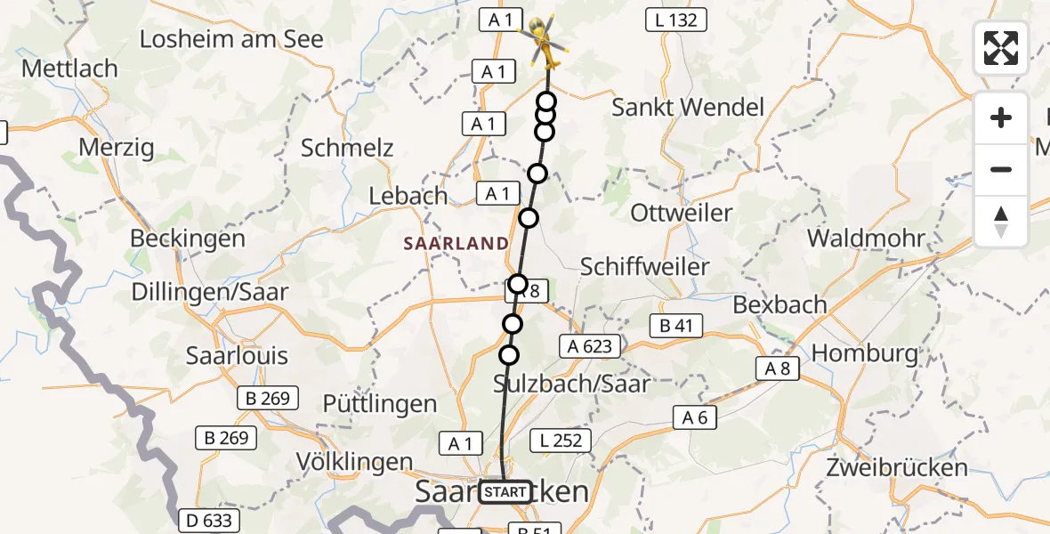 Flugroute Rettungshubschrauber Saarbrücken - Tholey, 06 September 2026, 08:47