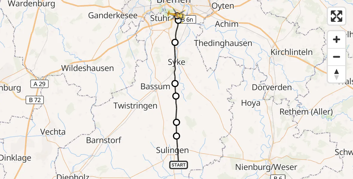 Flugroute Rettungshubschrauber Sulingen - ADAC Air Rescue Station Bremen Hubschrauberlandeplatz (Christoph 6), 06 September 2026, 08:57