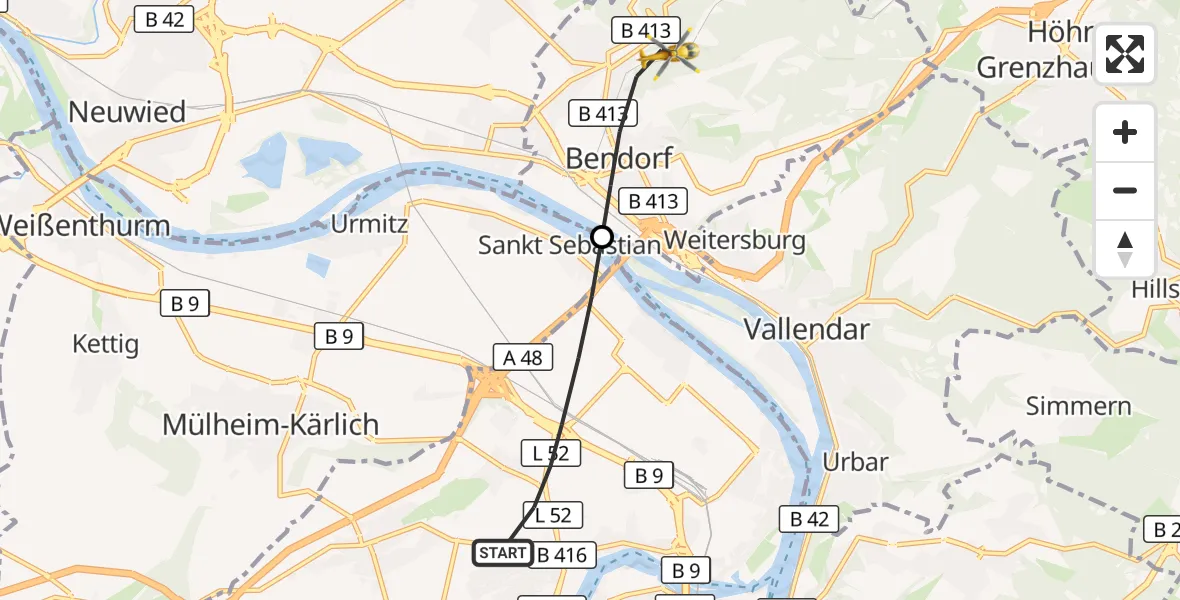 Flugroute Rettungshubschrauber Koblenz - Bendorf, 06 September 2026, 08:59