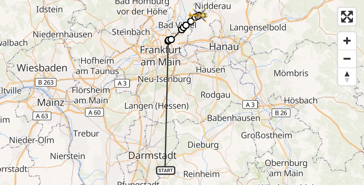 Flugroute Rettungshubschrauber Mühltal - Karben, 06 September 2026, 09:12